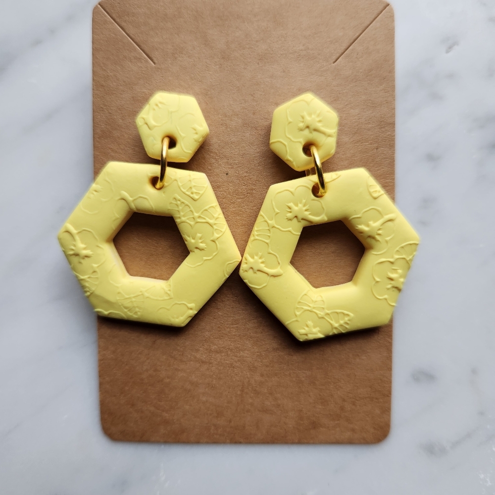 Yellow Hexagon Floral Polymer Clay Earrings